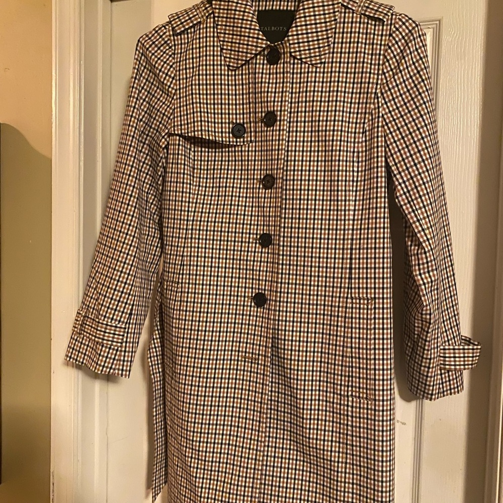 Talbots Raincoat black and orange check, NWT